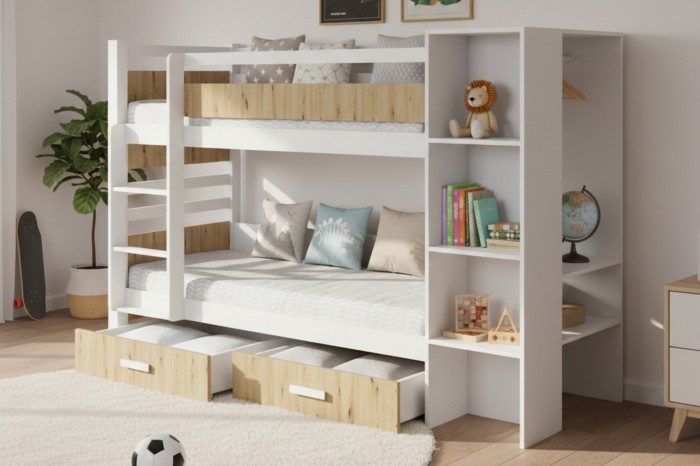 Kinderzimmer mit Etagenbett in Weiß und Eiche, Teppich und Spielzeug-Deko.