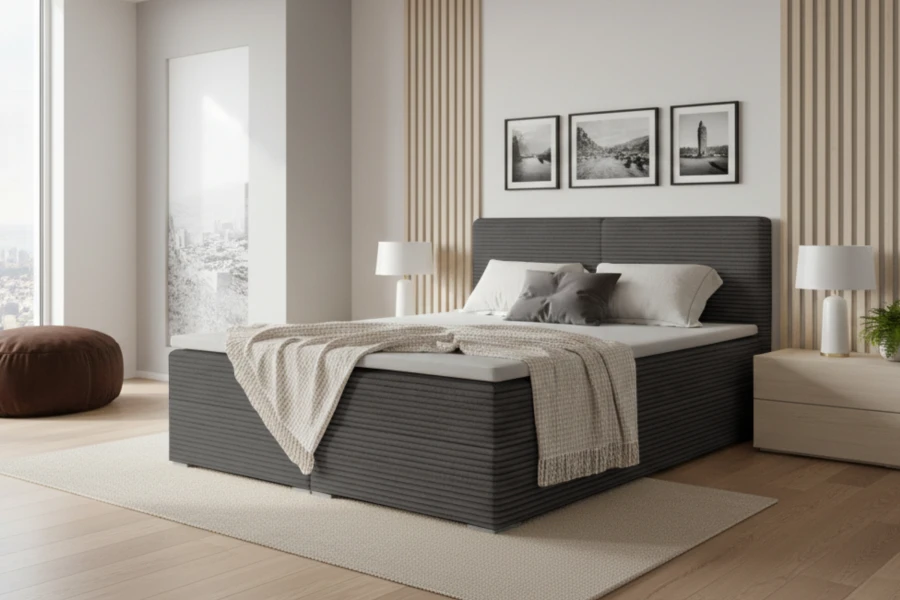 Anthrazitfarbenes Boxspringbett in stilvollem Schlafzimmer-Design.