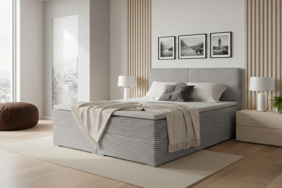 Graues Boxspringbett in minimalistischem Schlafzimmer mit Teppich.