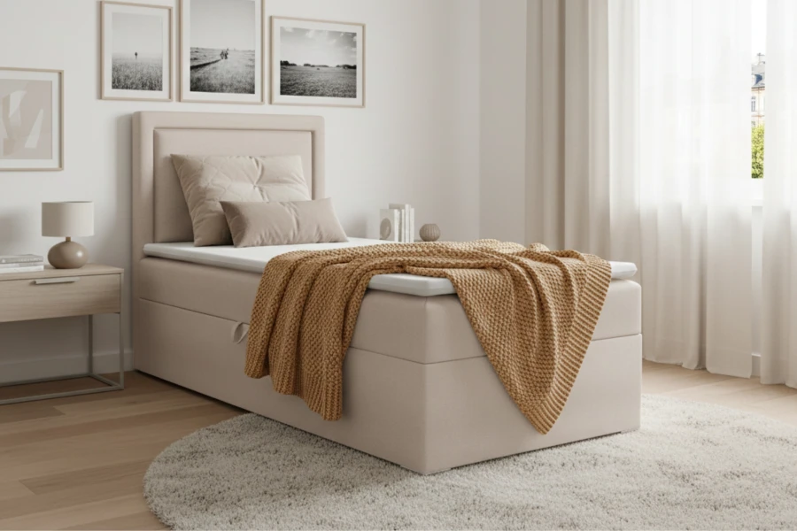 Cream-coloured boxspring bed with storage box and yellow knitted blanket in a bright bedroom.