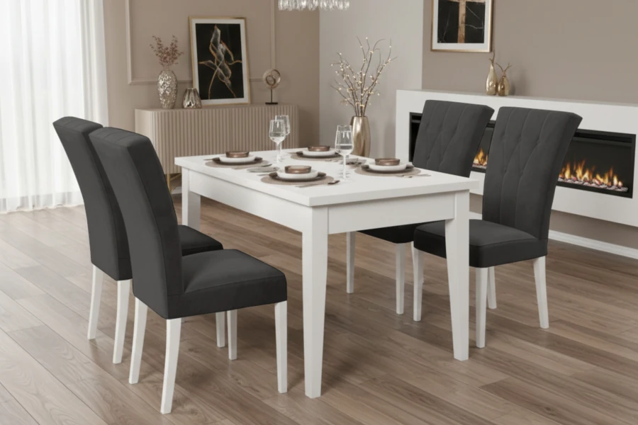 Moderner weißer Esstisch mit 4 grauen Polsterstühlen in stilvollem Esszimmer mit Kamin.