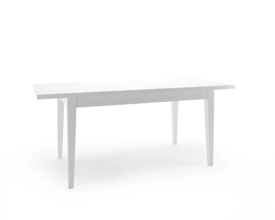 Moderner weißer Esstisch aus Holz, rechteckig, schlichtes Design vor weißem Hintergrund.