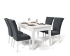 5-delige set: Witte uitschuifbare tafel met vier grijze gestoffeerde stoelen, vrijstaand op wit.