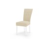 Elegante beige gestoffeerde stoel met knoopstiksel and witte poten, modern eetkamermeubel.