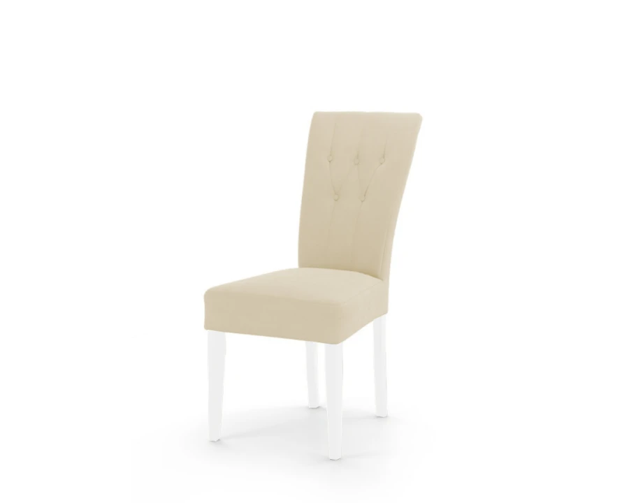 Eleganter beiger Polsterstuhl mit Knopfsteppung und weißen Beinen, modernes Esszimmermöbel.