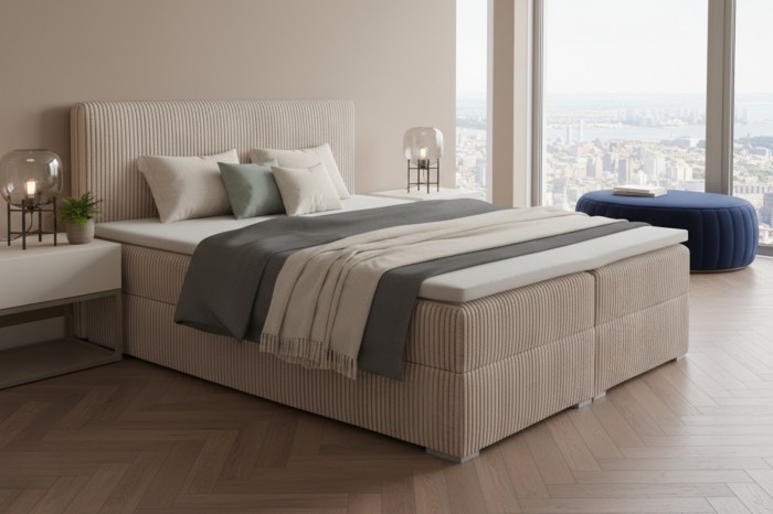 Modernes Boxspringbett in Beige mit Cord-Bezug und Panoramablick auf die Stadt.