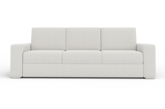 Beiges 3-Sitzer Sofa in Frontalansicht vor weißem Hintergrund.