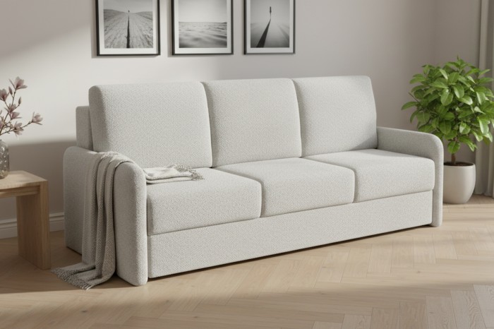 Weißes 3-Sitzer Sofa mit Bouclé-Bezug in einem modern eingerichteten Wohnzimmer.