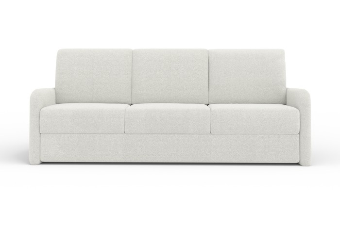 Modernes weißes 3-Sitzer Sofa aus Bouclé-Stoff, Frontansicht vor weißem Hintergrund.