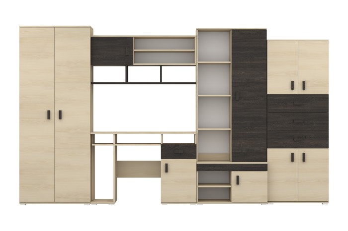 Moderne Wohnwand mit Schreibtisch und Kleiderschrank, Eiche hell und Dunkelbraun, Frontansicht