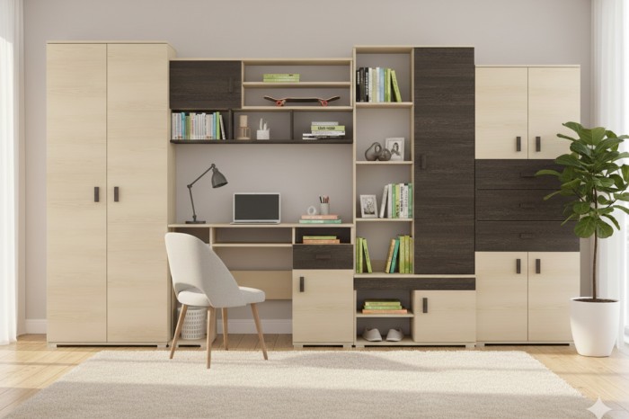 Komplette Wohnwand mit Schreibtisch, Kleiderschrank und Regalen in Eiche-Optik für Jugend- oder Arbeitszimmer.