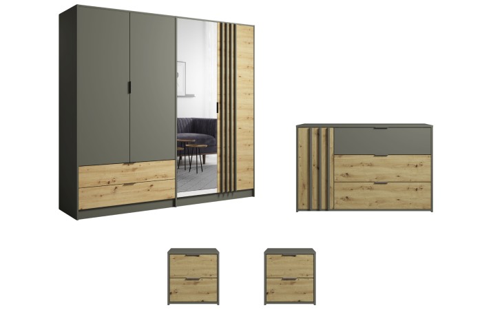 Modernes Schlafzimmerset in Anthrazit und Eiche mit Spiegel-Kleiderschrank, Kommode und Nachttischen.