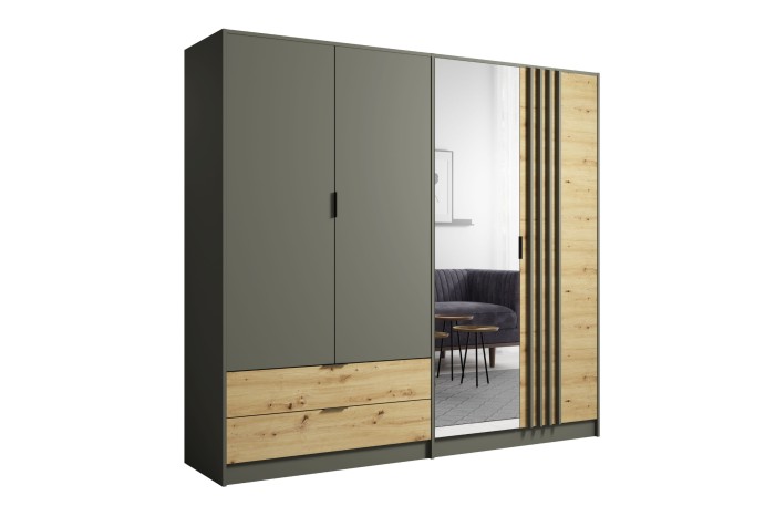 Moderner Kleiderschrank in Anthrazit und Eiche mit Spiegeltür und dekorativen Holzlamellen.