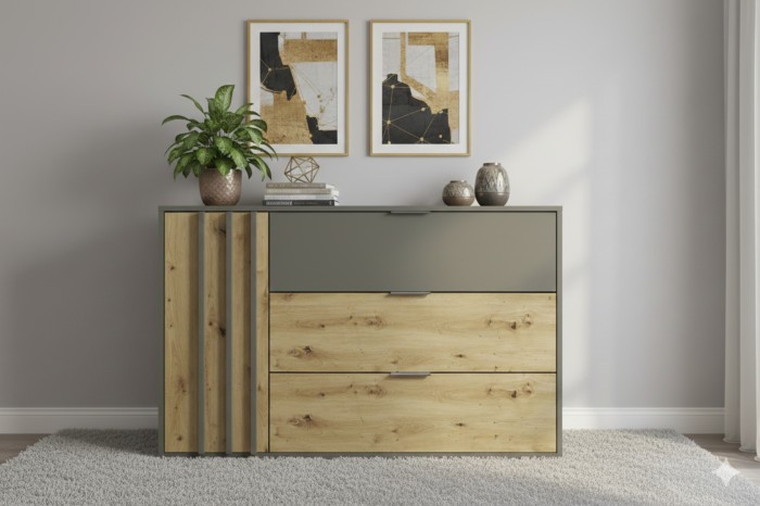 Wohnzimmer-Inspiration: Sideboard dekoriert mit Pflanzen und Bildern.