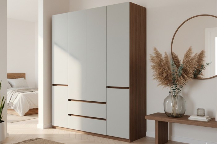 Großer Kleiderschrank in Grau und Holzoptik im Schlafzimmer mit dekorativem Wandspiegel.