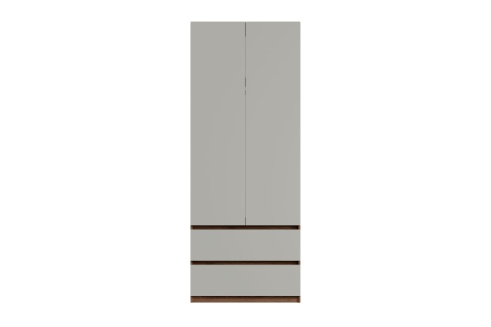 Zweitüriger Kleiderschrank in Grau und Nussbaum-Optik, Frontansicht.