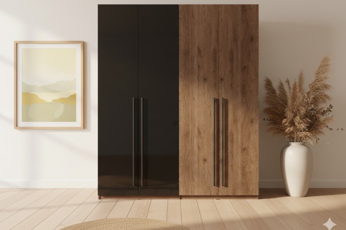 Moderner Kleiderschrank 4-türig in Schwarz und Holzoptik im Schlafzimmer