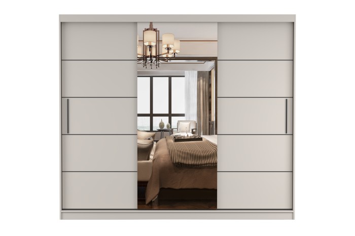 Beiger Schwebetürenschrank mit großem Spiegel, modernes Design für das Schlafzimmer.
