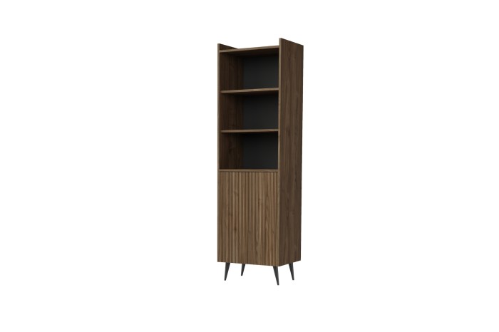 Hohes Bücherregal in dunkler Holzoptik mit Riffelfront und schwarzen Füßen.