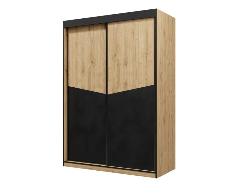 Schwebetürenschrank in Eiche-Optik mit markanten schwarzen Absetzungen.