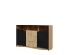 Breites Sideboard Arno in Eiche-Optik mit schwarzen Fronten und drei Schubladen.