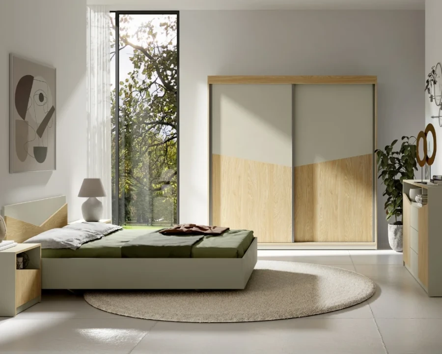 Helles Schlafzimmer-Set Arno in Weiß und Eiche mit großem Schrank und Doppelbett.
