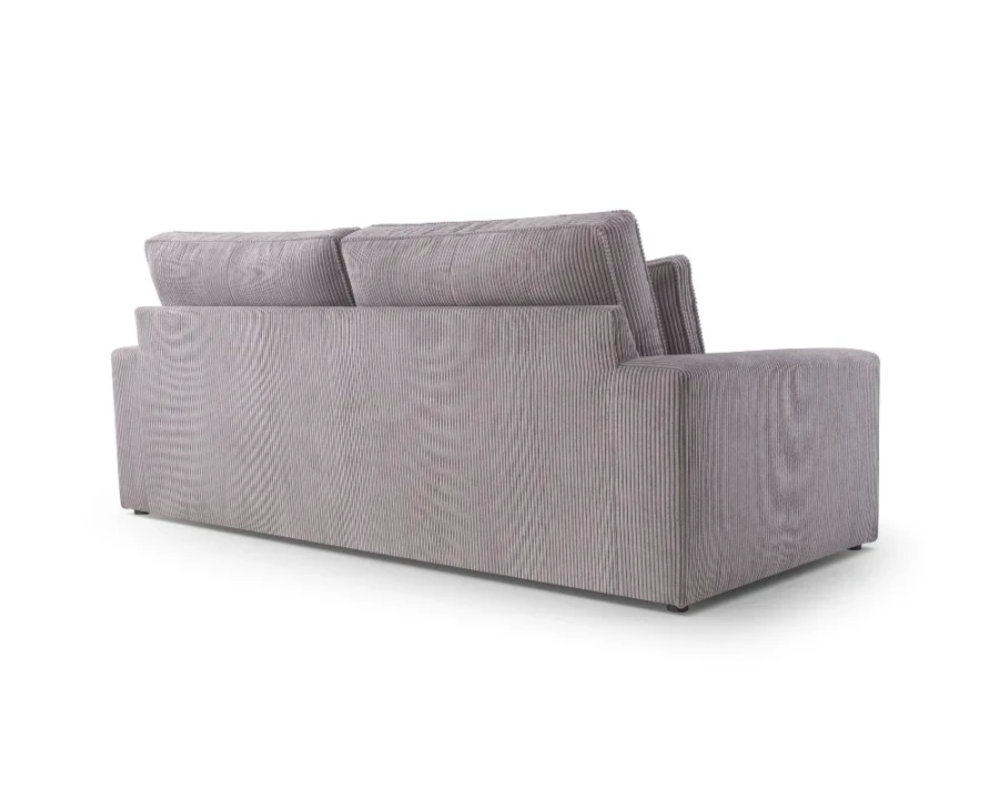 Rückansicht eines 3-Sitzer Sofas in grauem Cord-Design auf weißem Hintergrund.