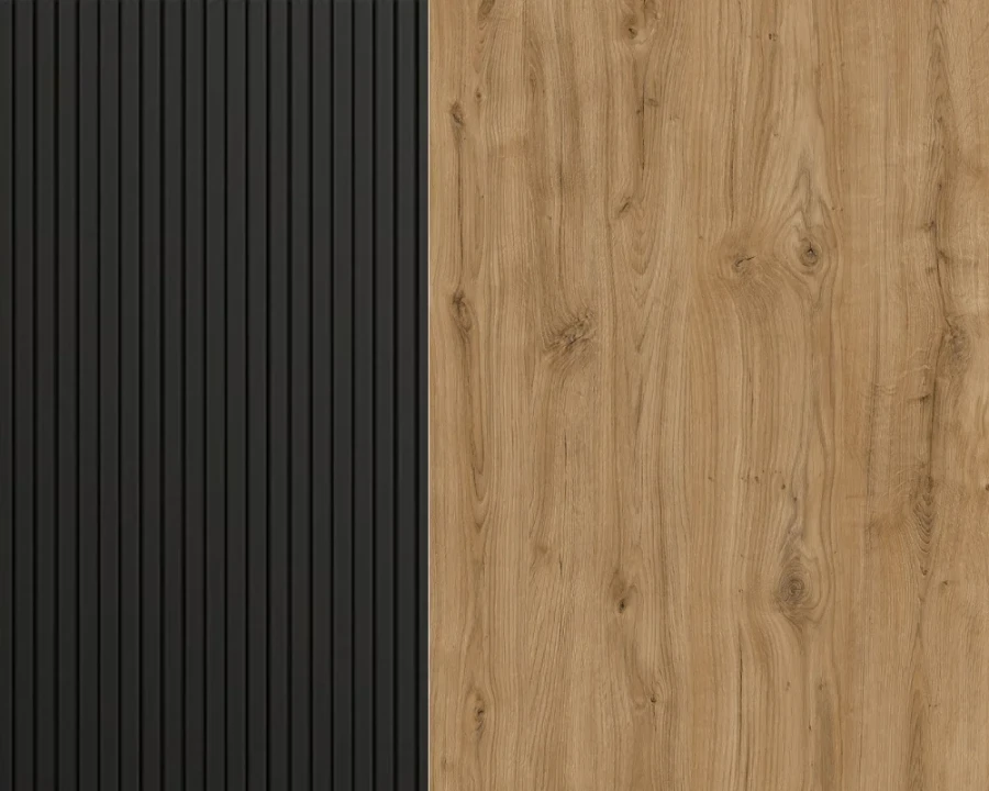 Materialvergleich: Schwarze Lamellenstruktur und helle Eichenholz-Optik für moderne Möbel.