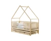 Hausbett aus Massivholz Natur mit integriertem Gästebett und sicherem Rausfallschutz für Kinder.