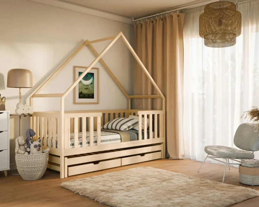 Hausbett für Kinder aus Kiefernholz mit Rausfallschutz, Ausziehbett und Schubladen.