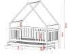 Maßzeichnung für Kinder-Hausbett mit Detailangaben zu Betthöhe und Schubladengröße.