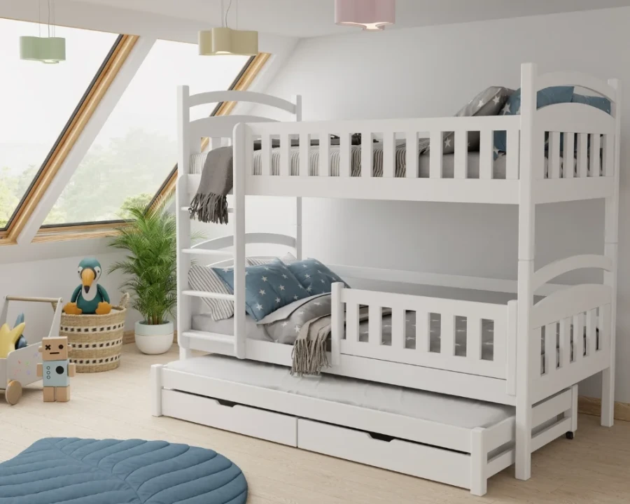 White bunk bed in a furnished children's room with decoration and plenty of daylight.