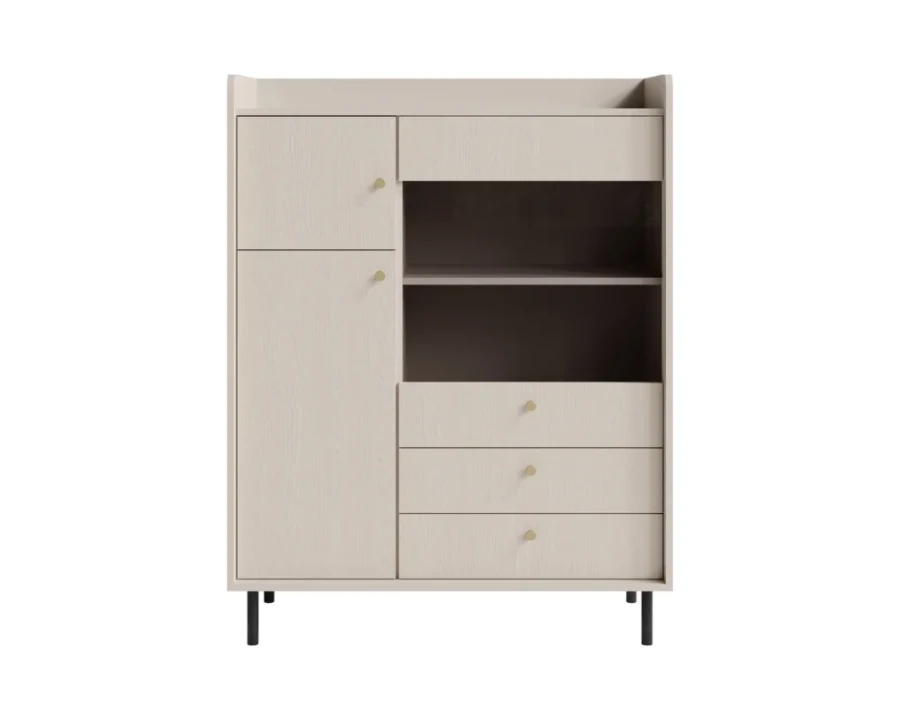 Beiges Highboard Georgia G-02 mit Türen, drei Schubladen und zwei offenen Regalfächern.