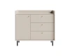 Modernes beiges Sideboard mit drei Schubladen, einer Tür und schwarzen Beinen.