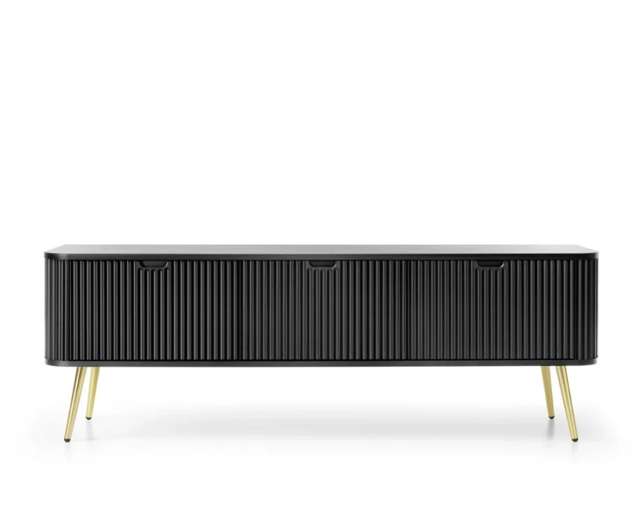 Schwarzes TV-Sideboard mit markanter Rillenstruktur und schmalen goldenen Beinen.