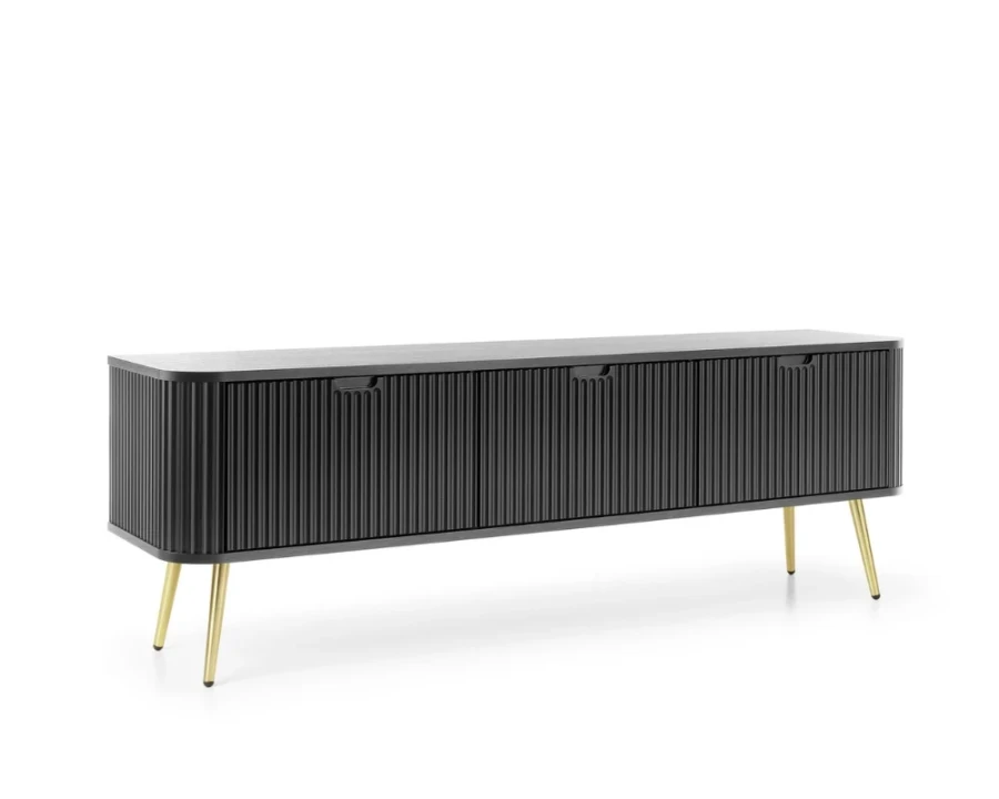 Modernes schwarzes TV-Board mit vertikalen Rillen und goldenen Standfüßen.