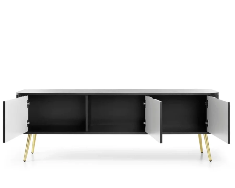 Schwarzes Sideboard mit geöffneten Türen und viel Stauraum, goldene Beine.