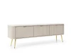 Modernes Lowboard in Beige mit geriffelter Front und goldenen Beinen.