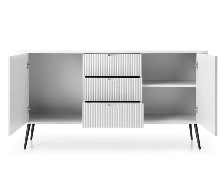 Offenes weißes Sideboard mit viel Stauraum in Fächern und drei Schubladen.