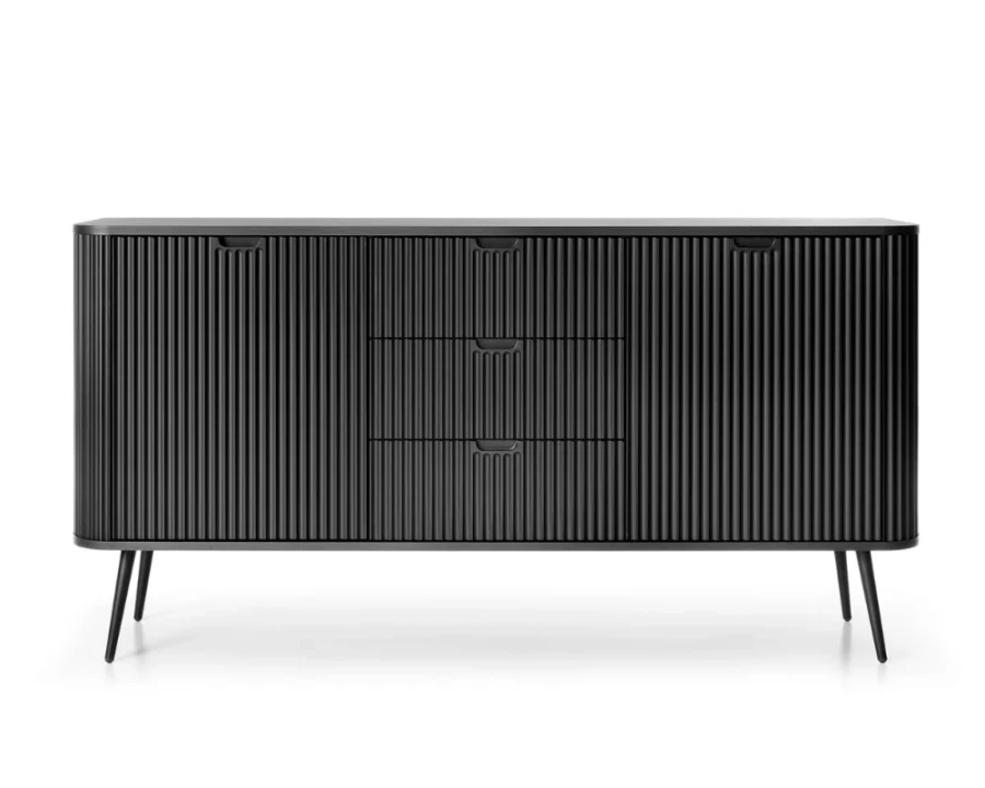 Elegantes schwarzes Sideboard mit vertikal geriffelter Front und schwarzen Beinen.