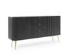 Elegantes schwarzes Sideboard mit Riffeloptik und schrägen goldenen Metallfüßen.