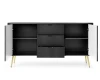 Offenes schwarzes Sideboard mit Riffelfront, Einlegeböden und goldenen Füßen.