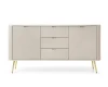 Elegantes beiges Sideboard mit Rillenstruktur und goldenen Beinen, Frontansicht auf weißem Grund.