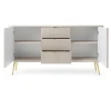 Geöffnetes Sideboard in Beige mit vertikalen Rillen, drei Schubladen und viel Stauraum.