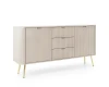 Seitenansicht eines beigen Design-Sideboards mit Rillenoptik und schlanken goldenen Füßen.