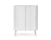 Weißes Highboard mit Riffelfront und goldenen Metallbeinen vor weißem Hintergrund.