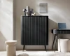 Schwarzer Design-Schrank mit vertikalen Lamellen in einem minimalistisch eingerichteten Wohnzimmer.