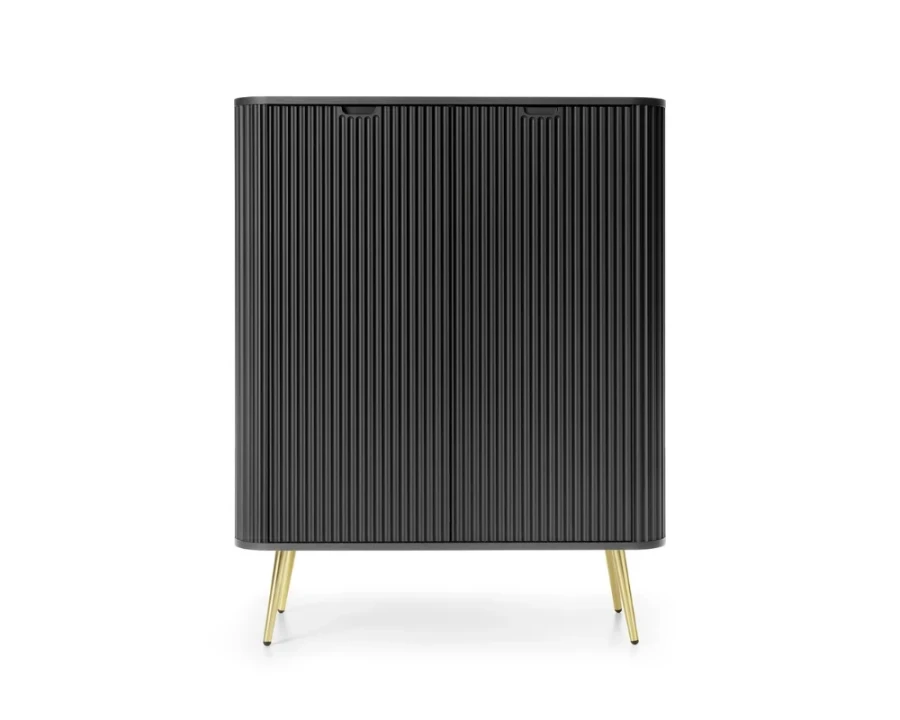 Schwarzer Design-Schrank mit Lamellenfront und goldenen Beinen, Frontansicht.