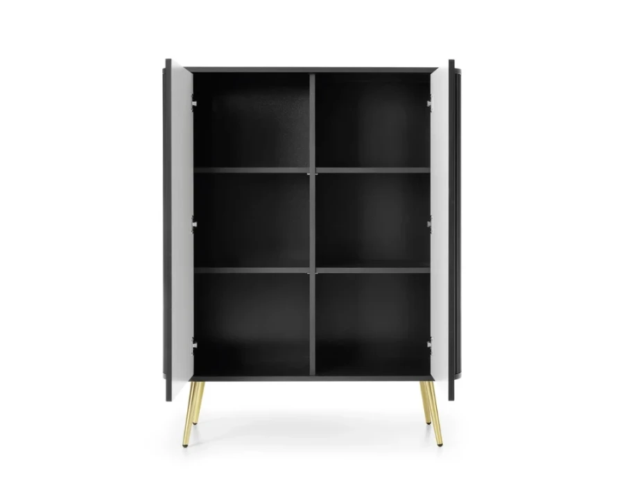 Offener schwarzer Schrank mit sechs Innenfächern und eleganten goldenen Füßen.