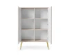 Offener weißer Schrank mit sechs Fächern und eleganten goldenen Beinen.
